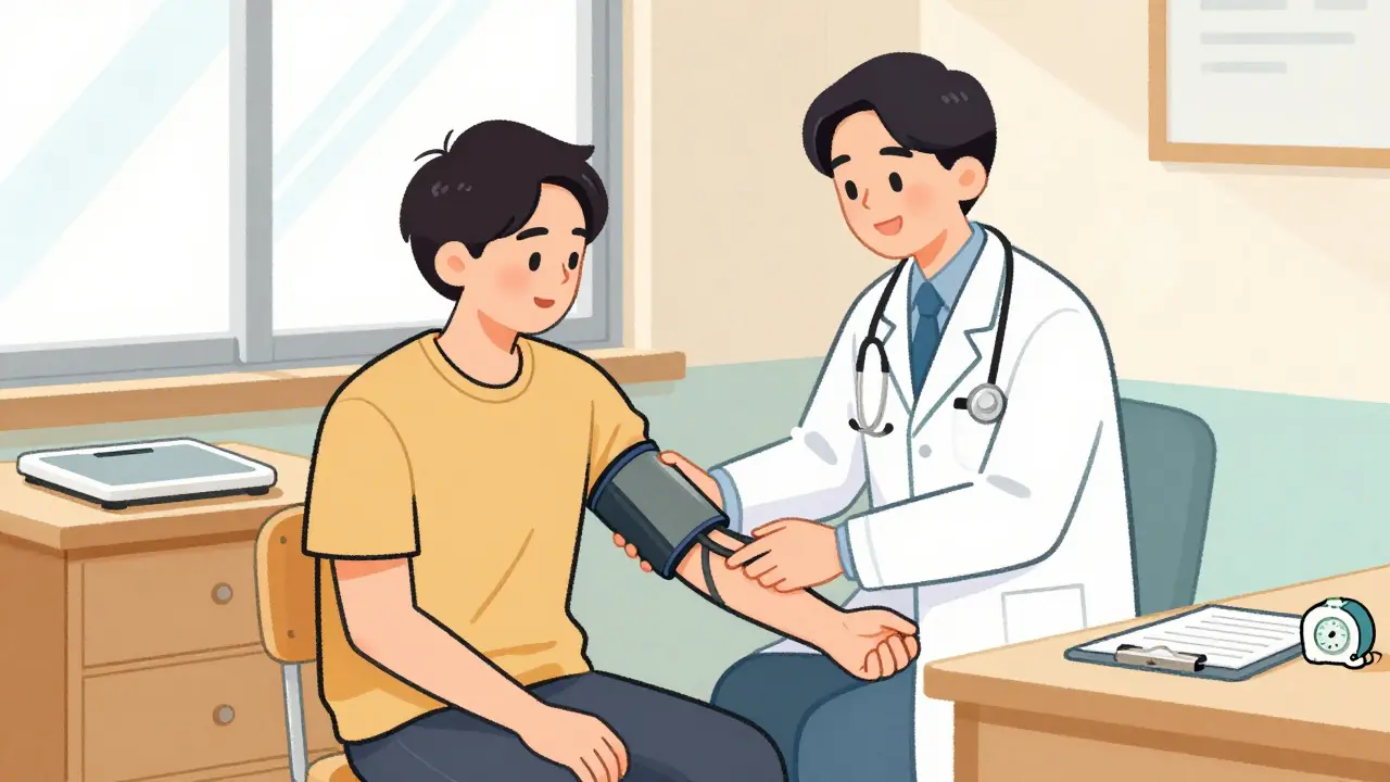 Doctor checking patient blood pressure during routine medical monitoring visit.