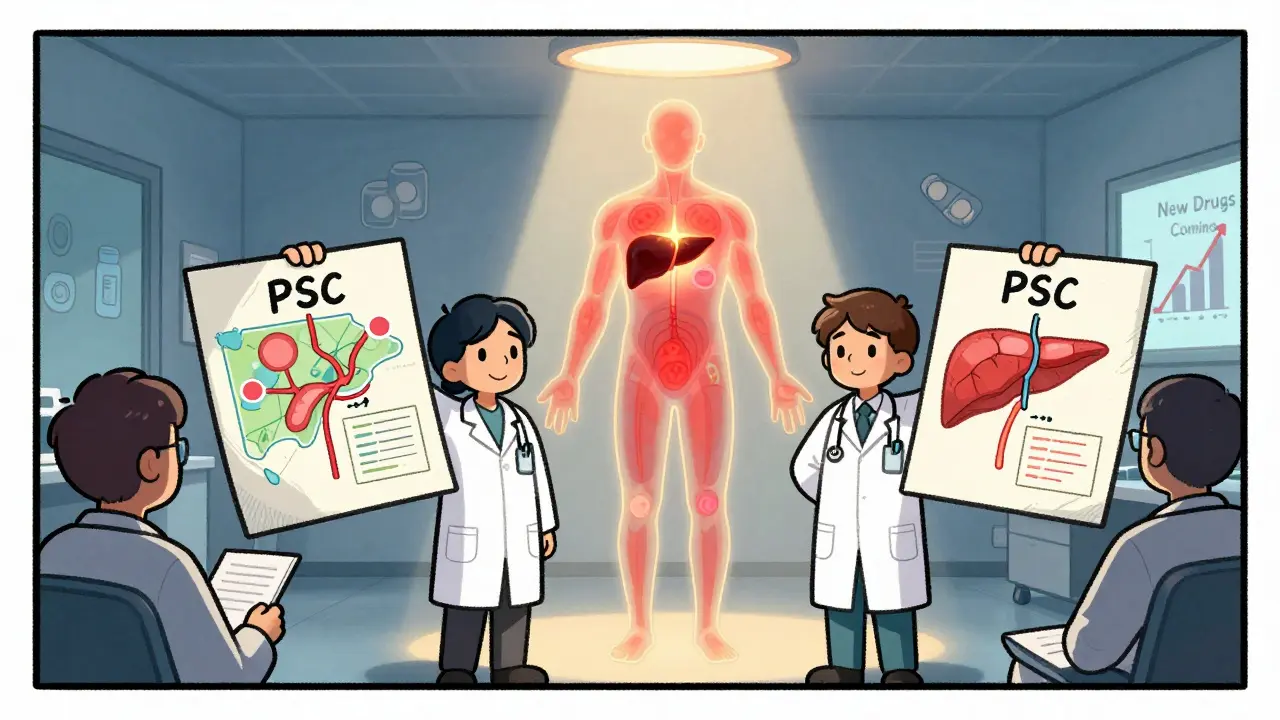 Doctors present PSC maps to an audience while a transparent patient figure shows inflammation and a transplant icon glowing.