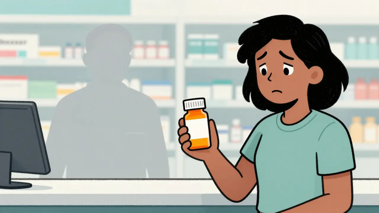 Happy patient at pharmacy choosing affordable generic medicine option.