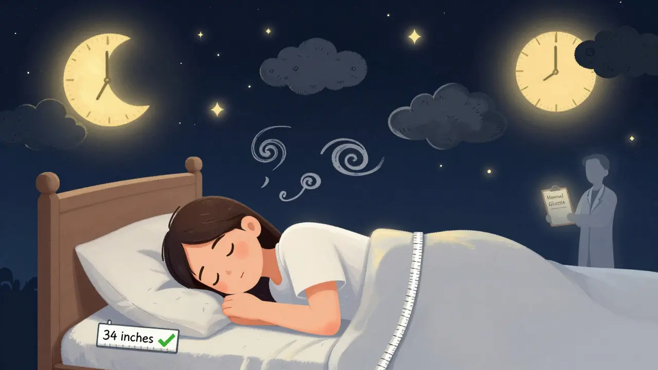 Person sleeping peacefully as stress fades away, waist measurement shows improvement