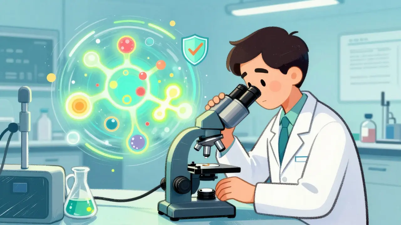 Scientist examining biological structures in a cartoon laboratory setting.