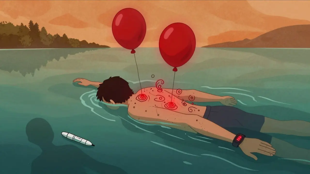 Someone swimming in cold water as hives rise around them, with a floating EpiPen and warning alert device in the scene.