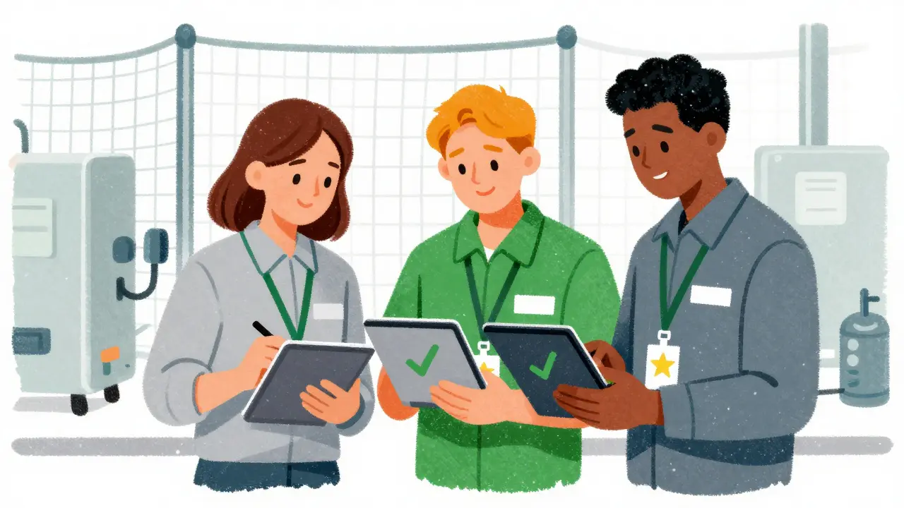 Three workers checking tablets with safety star badges