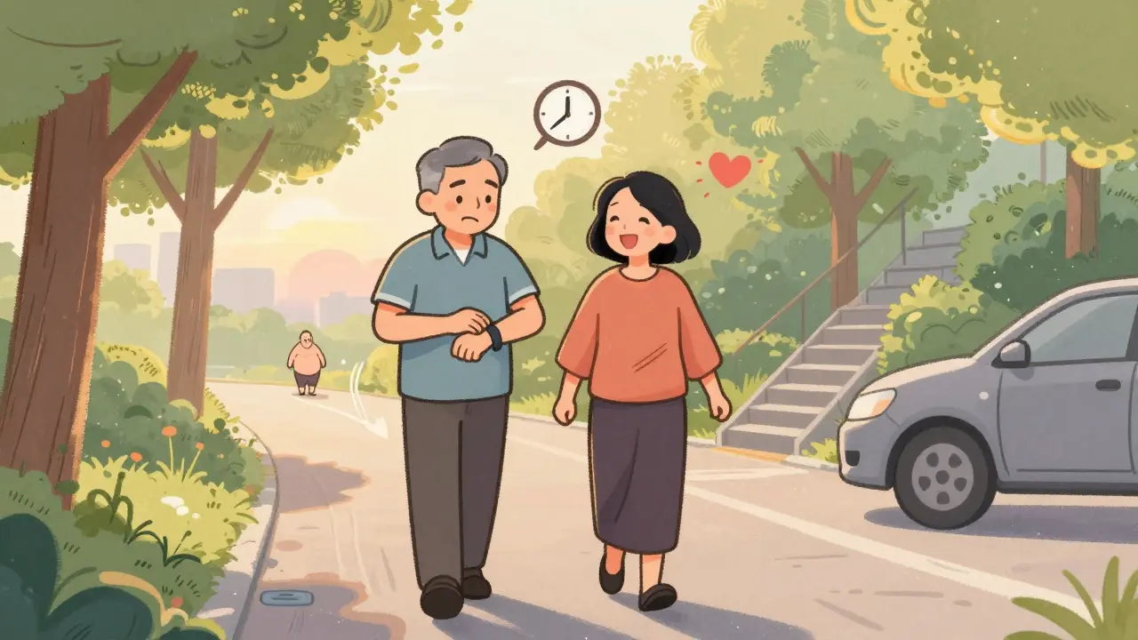 Two people walking at sunset, one checking steps, with subtle health icons