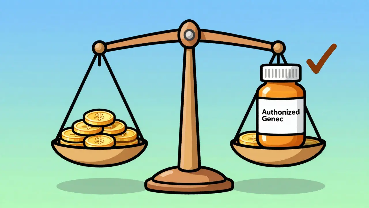A balance scale comparing the cost of brand-name drugs versus the value of authorized generics.