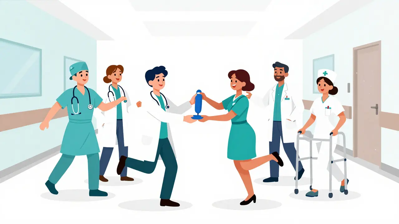 A medical team coordinating a patient's recovery plan as the patient walks happily in the background.