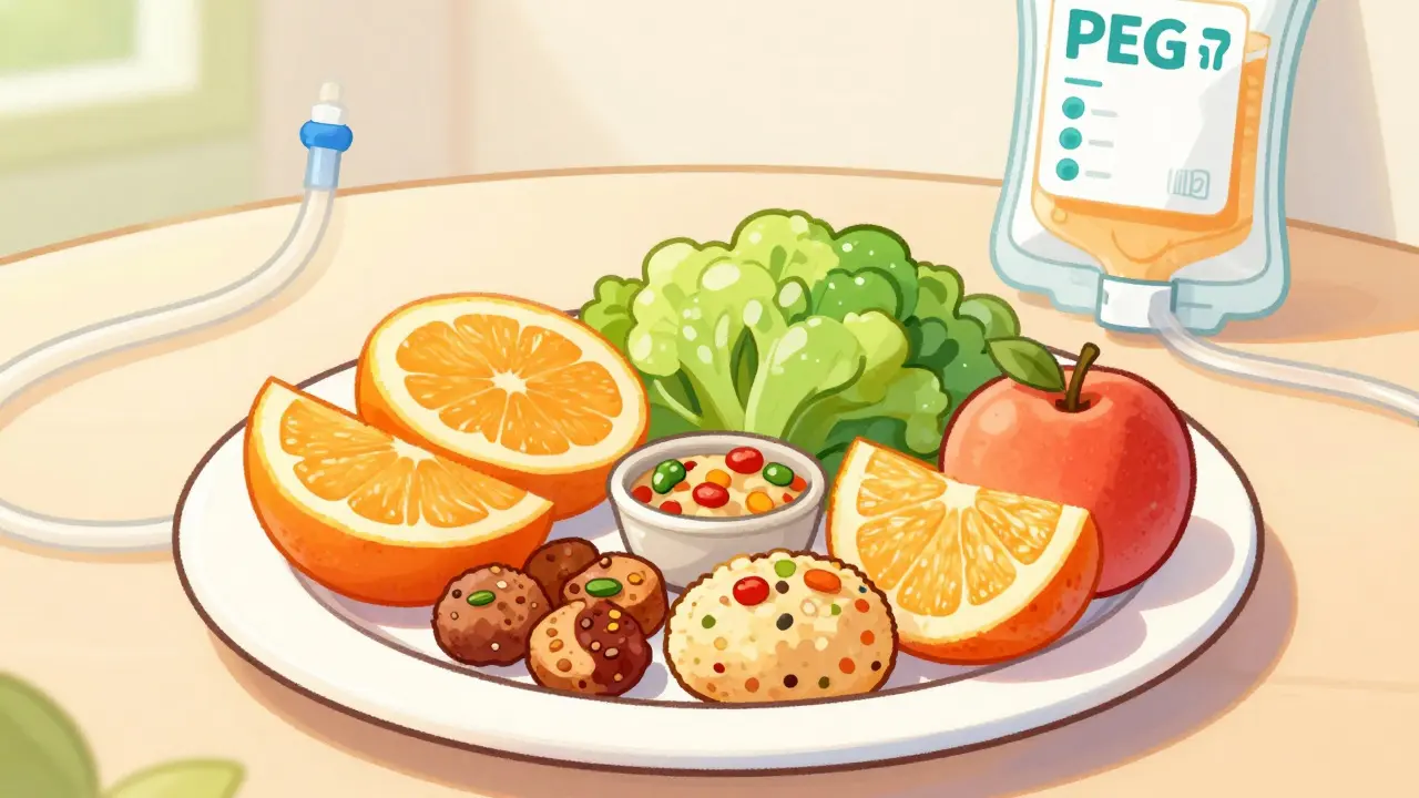 A plate of colorful food next to a discreet PEG tube feeding system