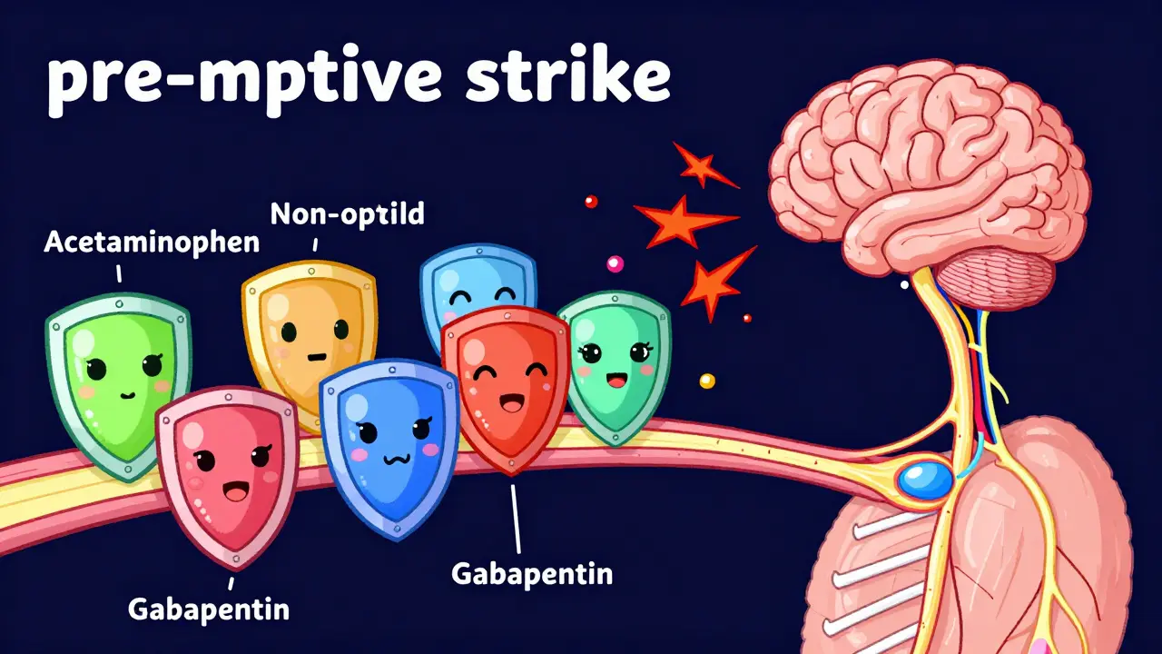 Colorful shields blocking red pain signals from reaching the brain in a stylized nervous system.