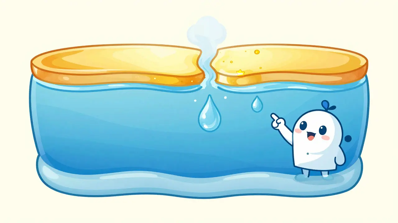 Conceptual diagram of the three-layer tear film showing water evaporating through a missing oil layer.