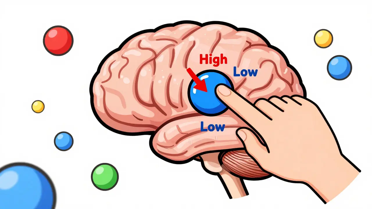 Conceptual illustration of a hand turning down a volume knob on a colorful brain to reduce pain