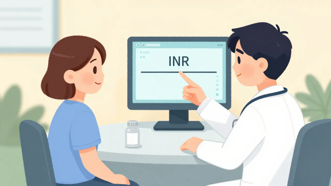 Doctor and patient looking at a stable INR reading on a monitor in a clinic.