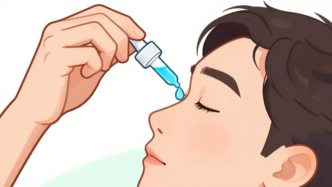 Illustration demonstrating the correct 45-degree head tilt and placement for applying eye drops.