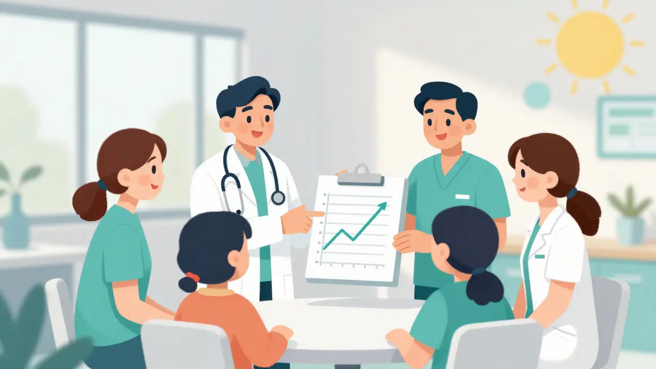 Medical team including a neurologist and dietitian consulting with an ALS patient