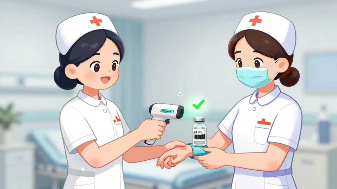 Nurse using a barcode scanner to verify medication and patient identity.