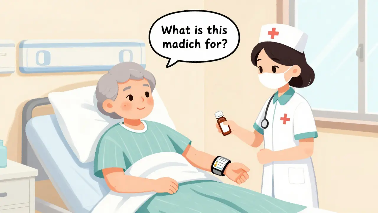 Patient in a hospital bed talking with a nurse to verify their medication.