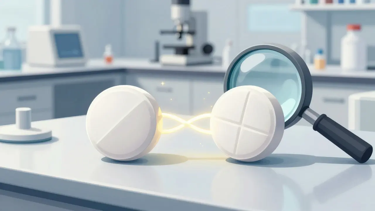 Two identical medicine tablets under a magnifying glass in a professional lab setting.
